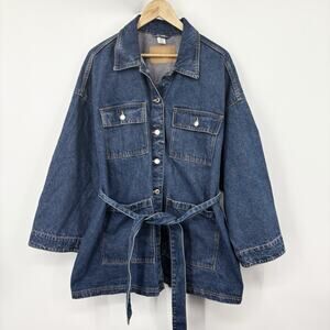 H&M Tie Belt Denim Barn Chore Jacket Womens Large Workwear Rugged Cotton 90s